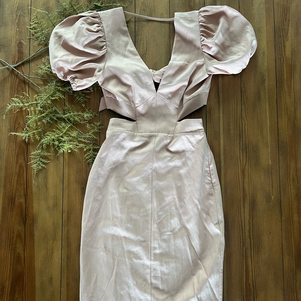 Reiss Pale Pink Cutout Puff-Sleeve Midi Dress
